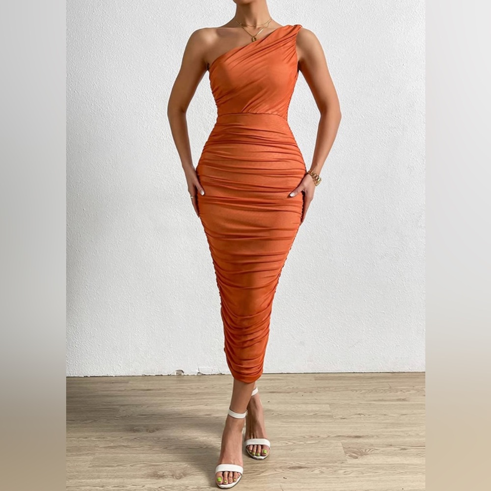 Women's One Shoulder Mesh Ruched Cocktail Club Party Midi Bodycon Dress